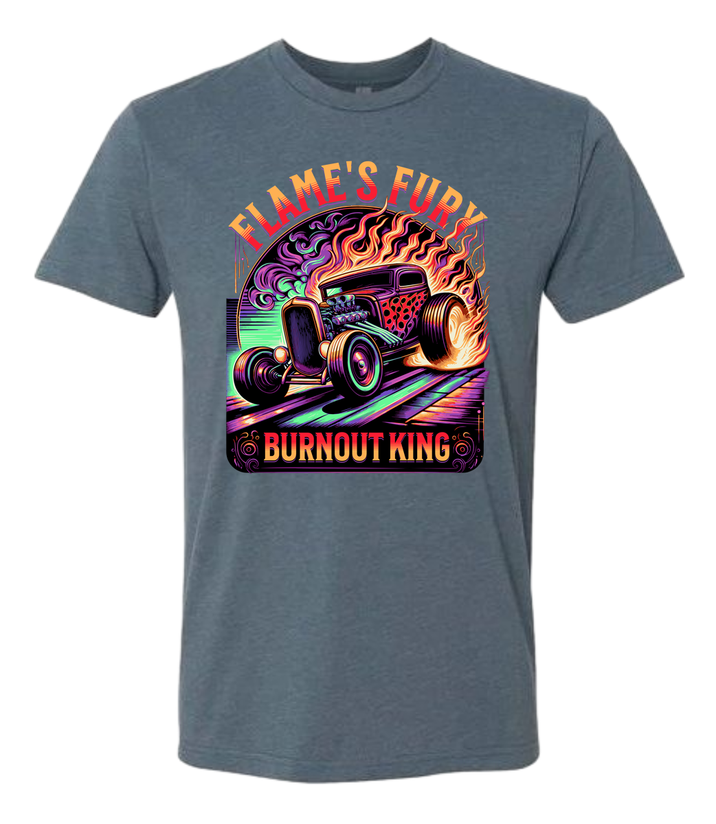 A indigo t-shirt with a colorful graphic design featuring a car and the text 'Flame's Fury Burnout King'.