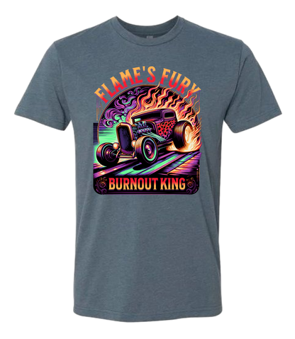 A indigo t-shirt with a colorful graphic design featuring a car and the text 'Flame's Fury Burnout King'.