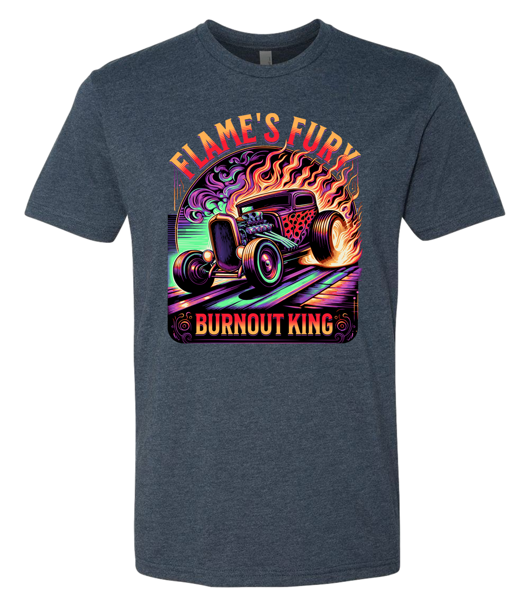 A midnight navy t-shirt with a colorful graphic design featuring a car and the text 'Flame's Fury Burnout King'.