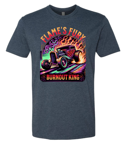 A midnight navy t-shirt with a colorful graphic design featuring a car and the text 'Flame's Fury Burnout King'.