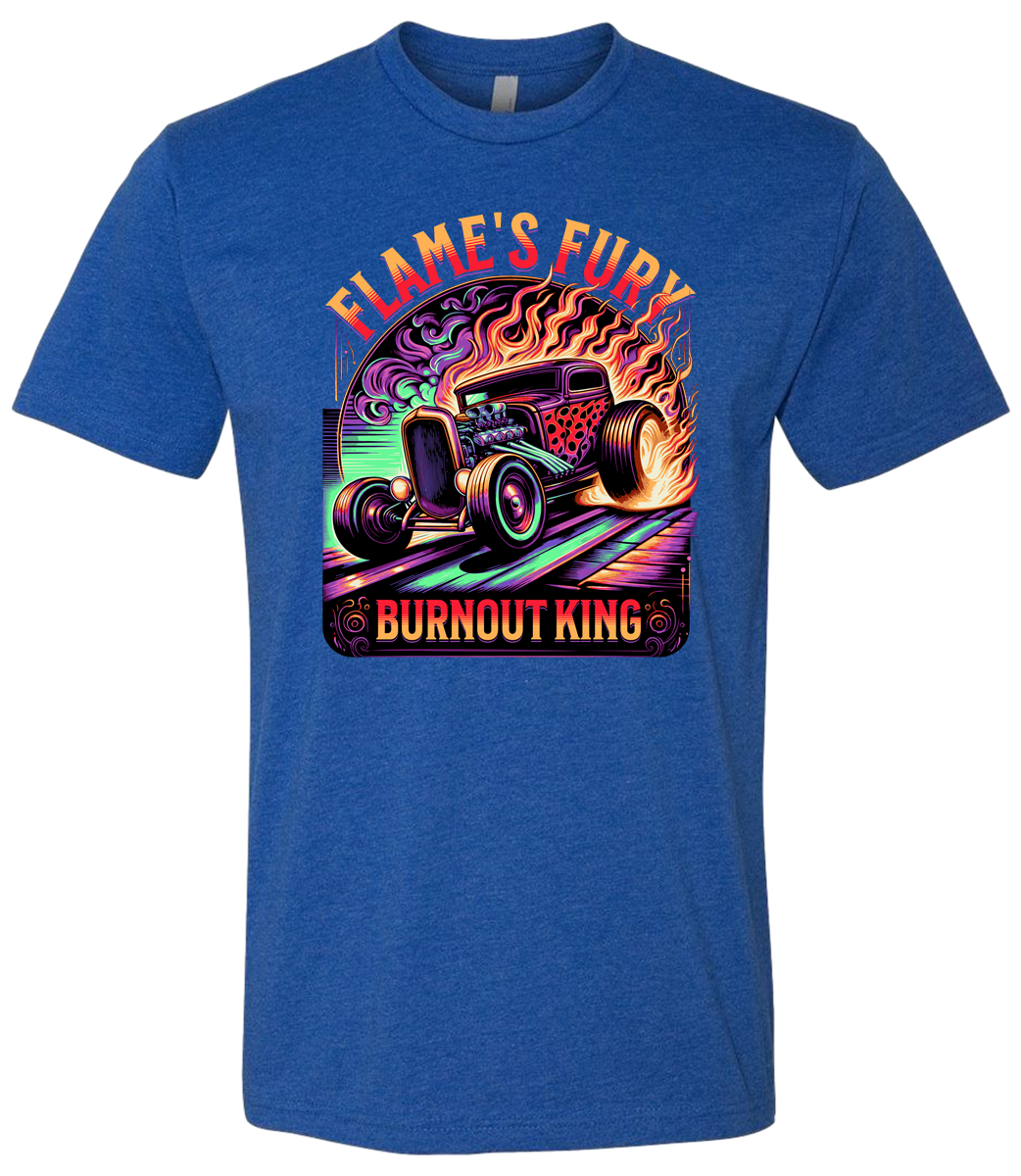 A royal t-shirt with a colorful graphic design featuring a car and the text 'Flame's Fury Burnout King'.