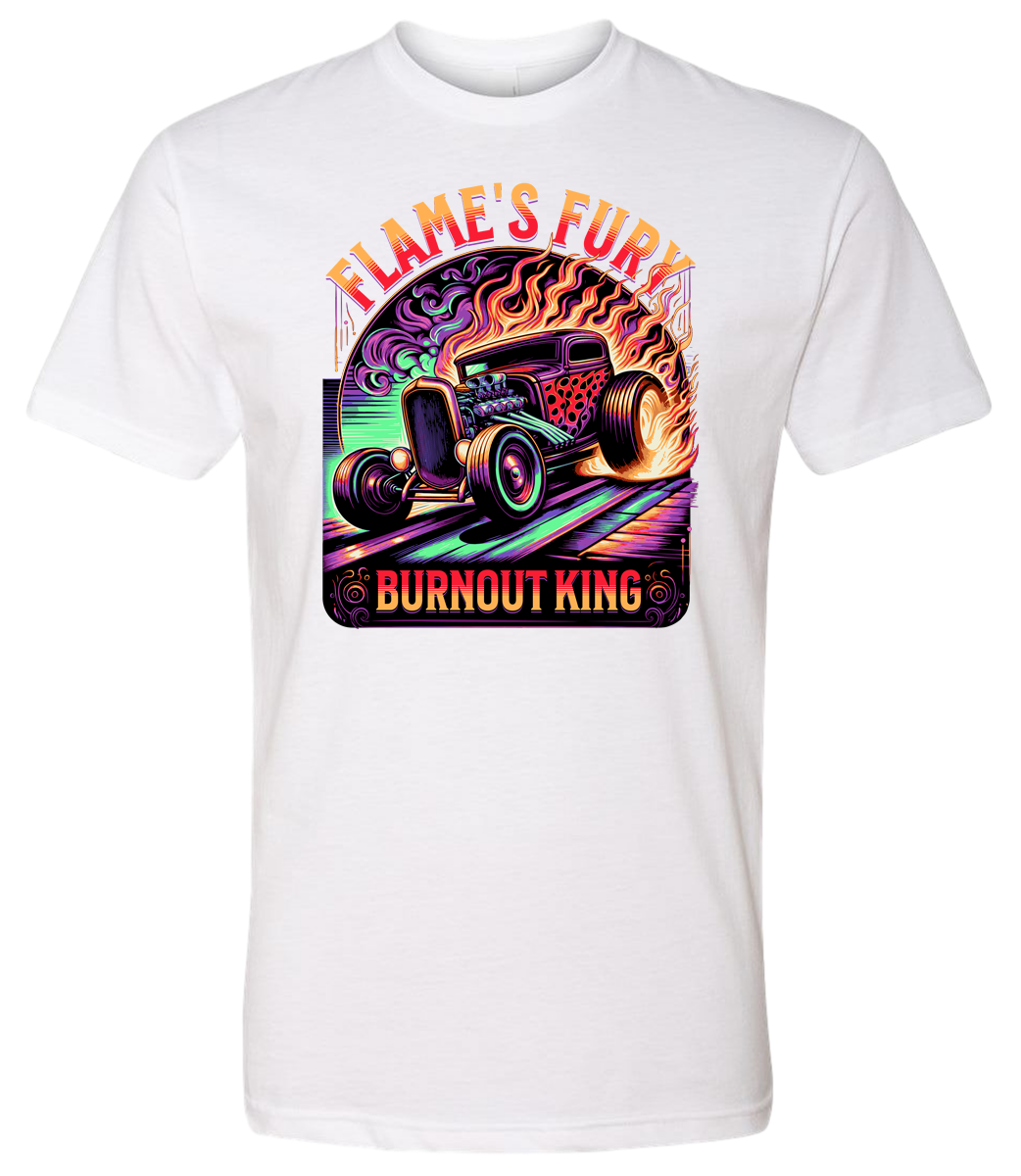 A white t-shirt with a colorful graphic design featuring a car and the text 'Flame's Fury Burnout King'.