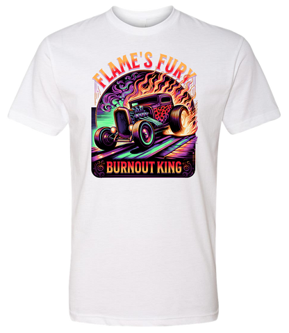 A white t-shirt with a colorful graphic design featuring a car and the text 'Flame's Fury Burnout King'.