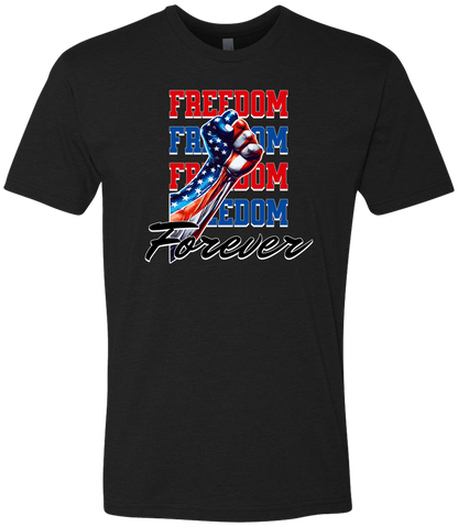 A black crewneck t-shirt with the text 'FREEDOM' and 'FOREVER' on it, along with an American flag ribbon design.
