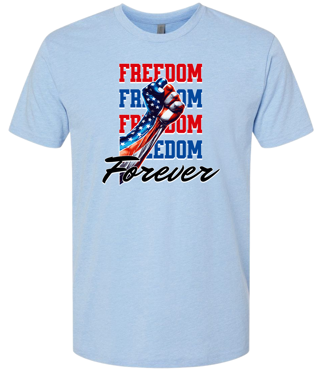 A blue crewneck t-shirt with the text 'FREEDOM' and 'FOREVER' on it, along with an American flag ribbon design.