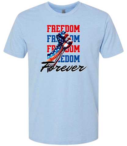 A blue crewneck t-shirt with the text 'FREEDOM' and 'FOREVER' on it, along with an American flag ribbon design.