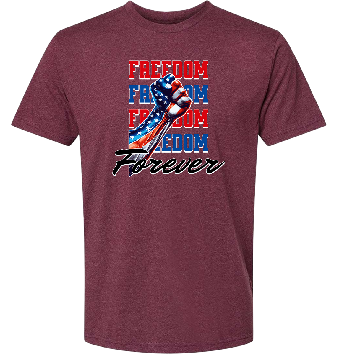 A heather maroon crewneck t-shirt with the text 'FREEDOM' and 'FOREVER' on it, along with an American flag ribbon design.