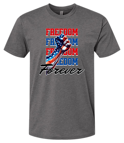 A heavy metal crewneck t-shirt with the text 'FREEDOM' and 'FOREVER' on it, along with an American flag ribbon design.
