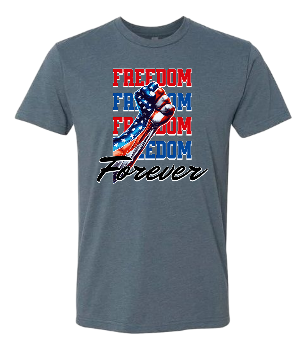 A indigo crewneck t-shirt with the text 'FREEDOM' and 'FOREVER' on it, along with an American flag ribbon design.