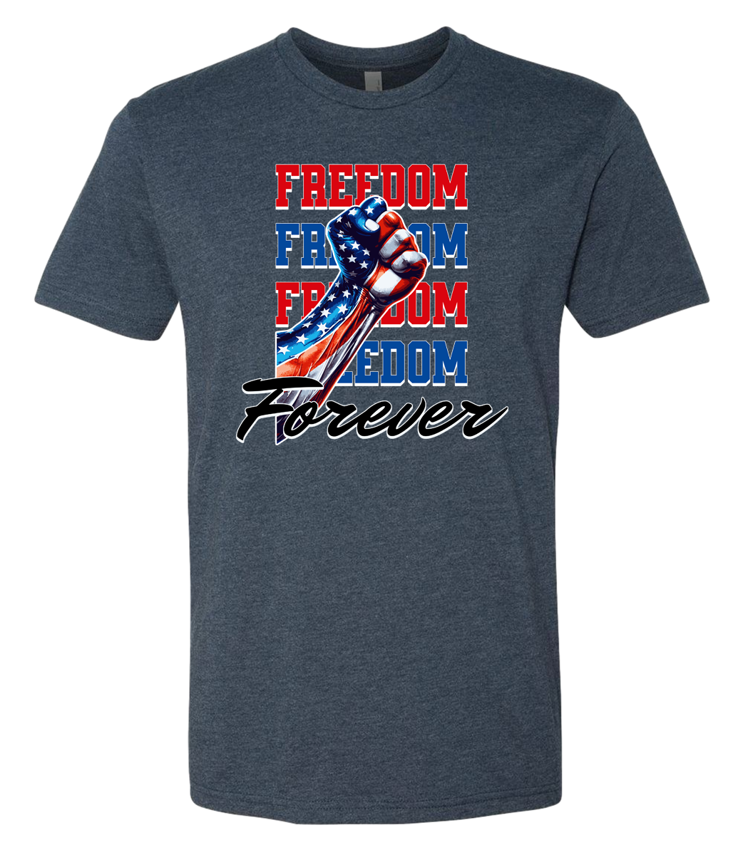 A midnight navy crewneck t-shirt with the text 'FREEDOM' and 'FOREVER' on it, along with an American flag ribbon design.