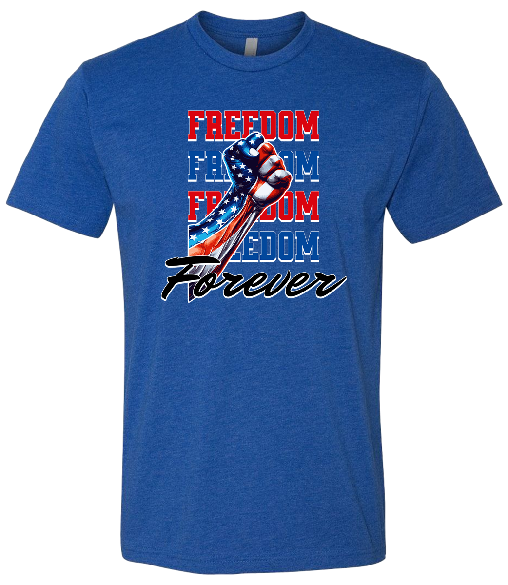 A royal crewneck t-shirt with the text 'FREEDOM' and 'FOREVER' on it, along with an American flag ribbon design.