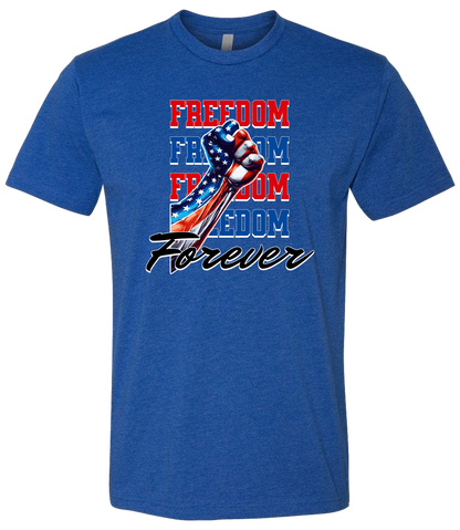 A royal crewneck t-shirt with the text 'FREEDOM' and 'FOREVER' on it, along with an American flag ribbon design.