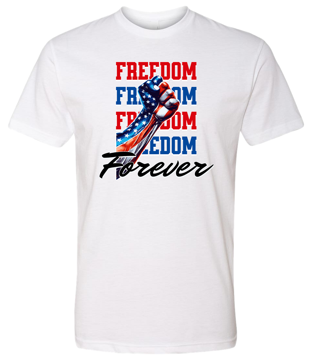 A white crewneck t-shirt with the text 'FREEDOM' and 'FOREVER' on it, along with an American flag ribbon design.