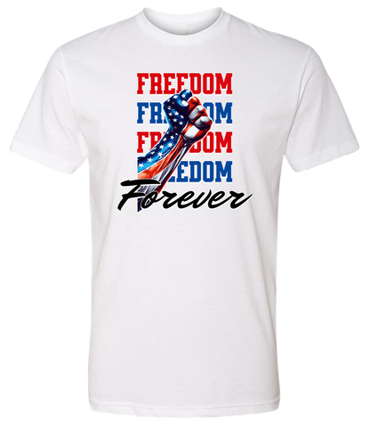 A white crewneck t-shirt with the text 'FREEDOM' and 'FOREVER' on it, along with an American flag ribbon design.