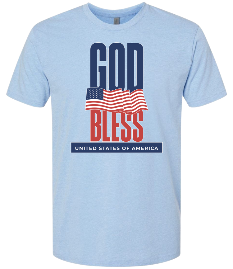 Light blue t-shirt with 'God Bless United States of America' text and American flag design on a white background