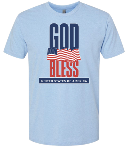 Light blue t-shirt with 'God Bless United States of America' text and American flag design on a white background