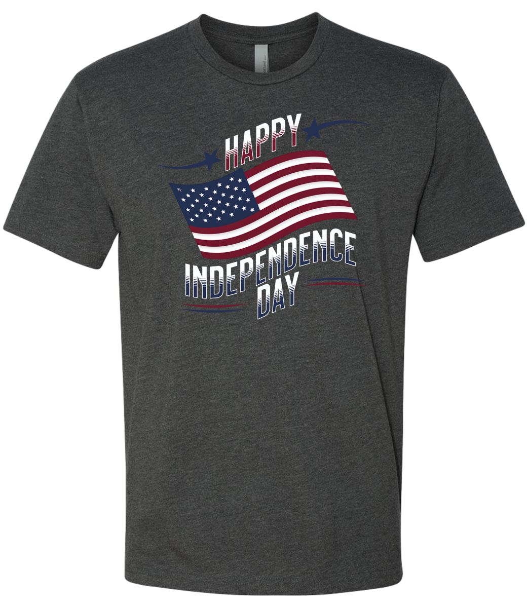 A charcoal crewneck t-shirt with 'Happy Independence Day' text and an American flag graphic.