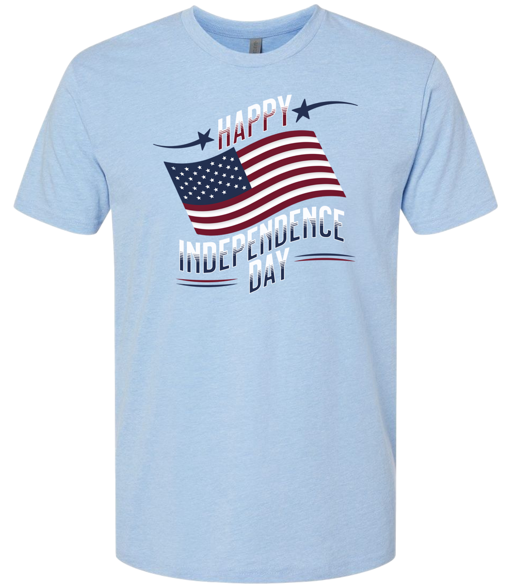 A columbia blue crewneck t-shirt with 'Happy Independence Day' text and an American flag graphic.