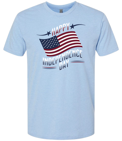 A columbia blue crewneck t-shirt with 'Happy Independence Day' text and an American flag graphic.