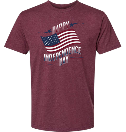 A heather maroon crewneck t-shirt with 'Happy Independence Day' text and an American flag graphic.