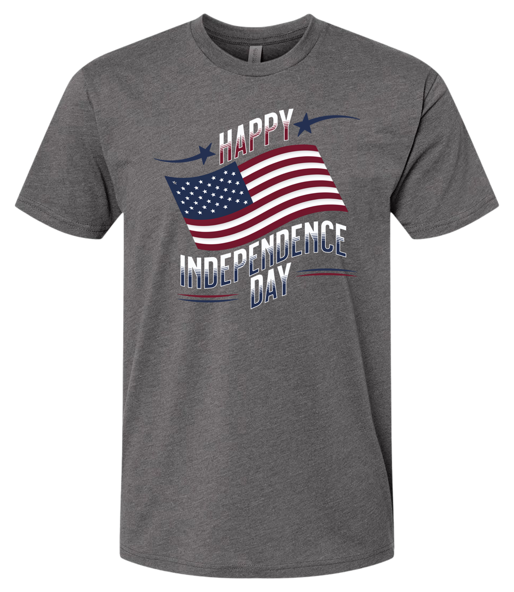 A heavy metal crewneck t-shirt with 'Happy Independence Day' text and an American flag graphic.