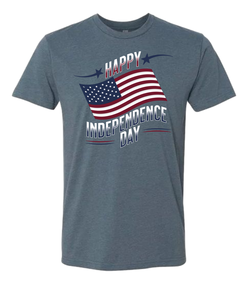 A indigo crewneck t-shirt with 'Happy Independence Day' text and an American flag graphic.