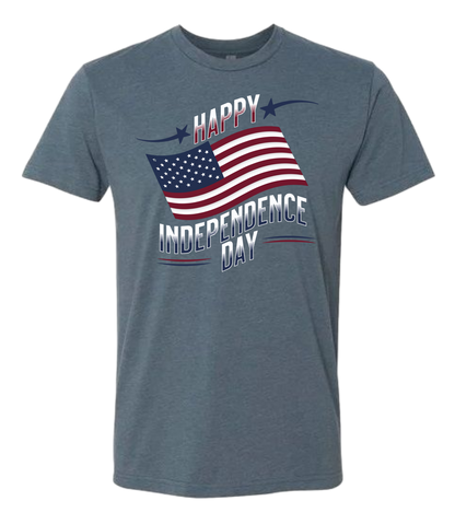 A indigo crewneck t-shirt with 'Happy Independence Day' text and an American flag graphic.