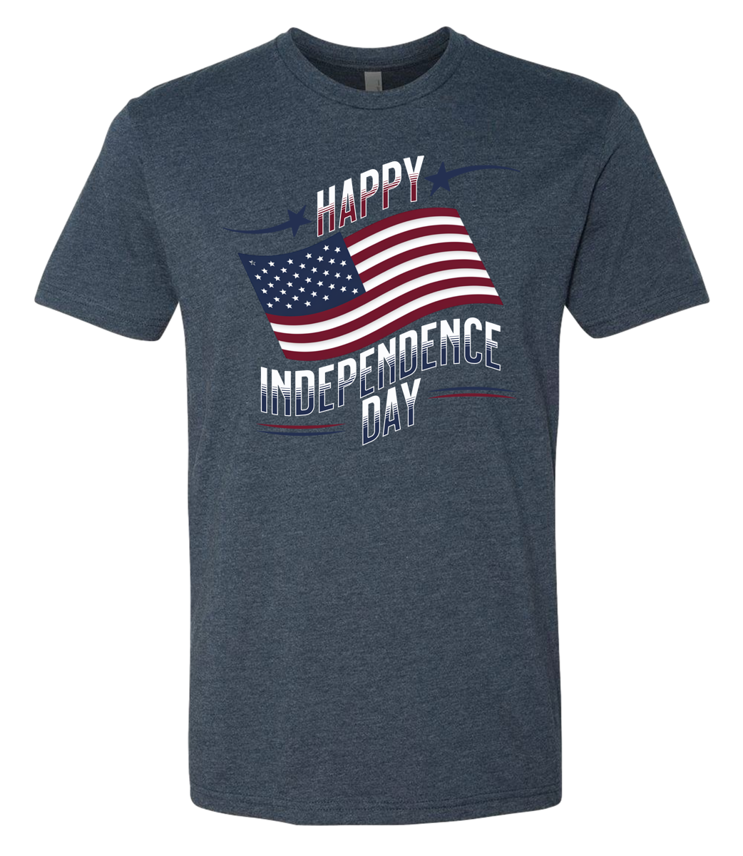 A midnight navy crewneck t-shirt with 'Happy Independence Day' text and an American flag graphic.