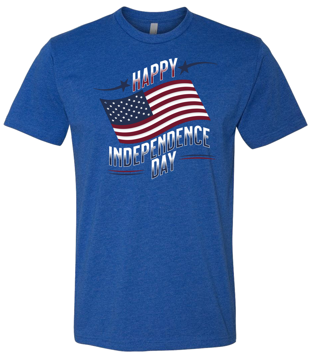 A royal crewneck t-shirt with 'Happy Independence Day' text and an American flag graphic.