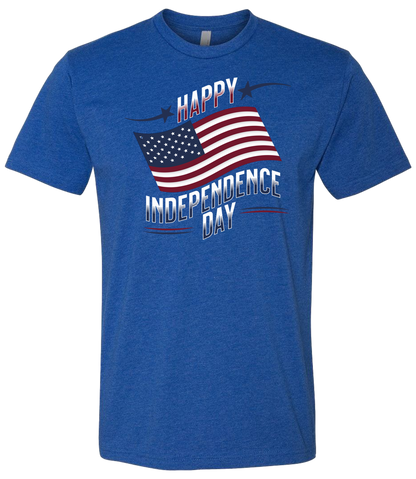 A royal crewneck t-shirt with 'Happy Independence Day' text and an American flag graphic.