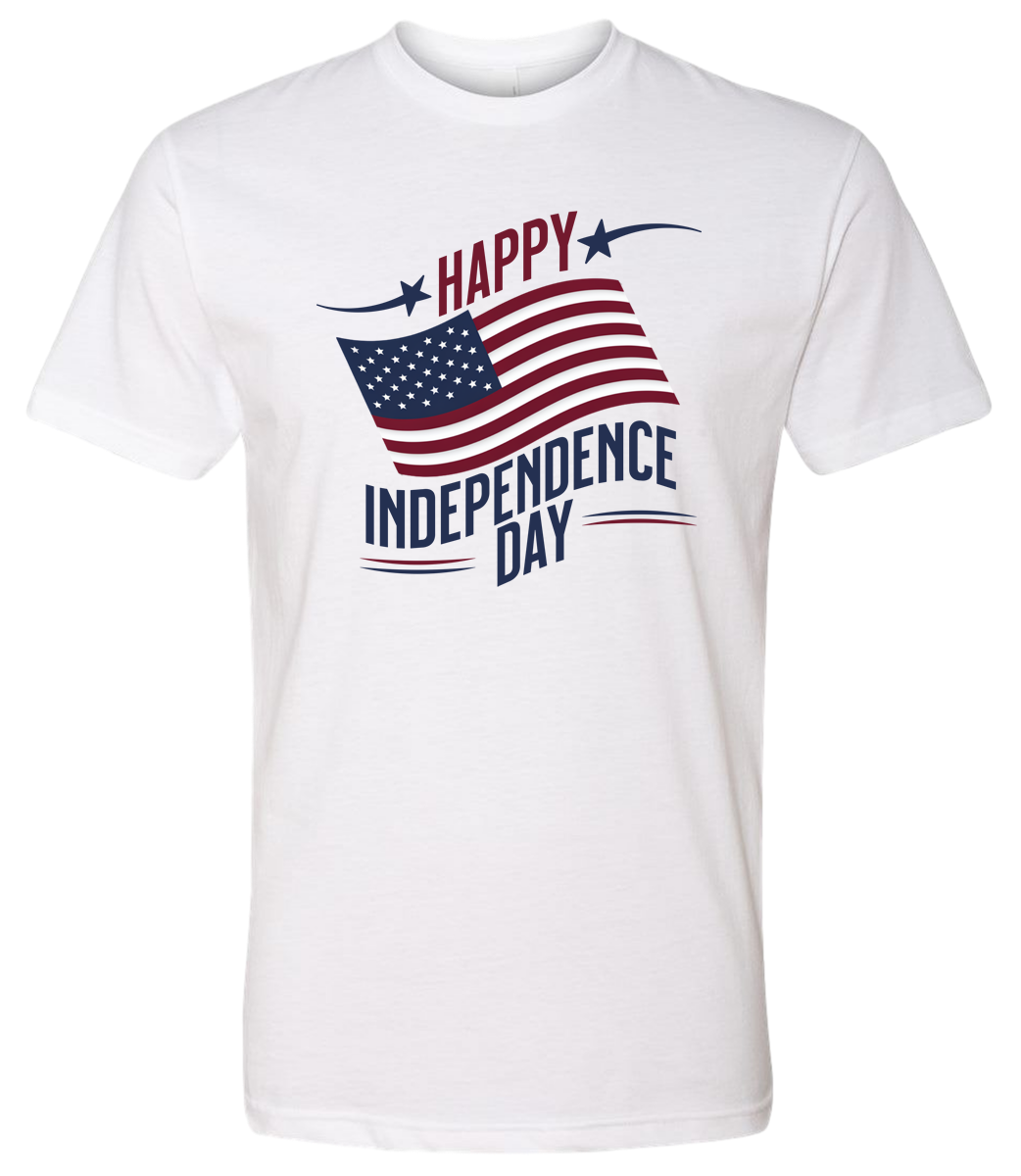 A white crewneck t-shirt with 'Happy Independence Day' text and an American flag graphic.