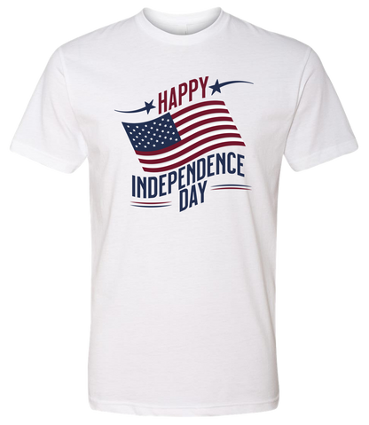 A white crewneck t-shirt with 'Happy Independence Day' text and an American flag graphic.