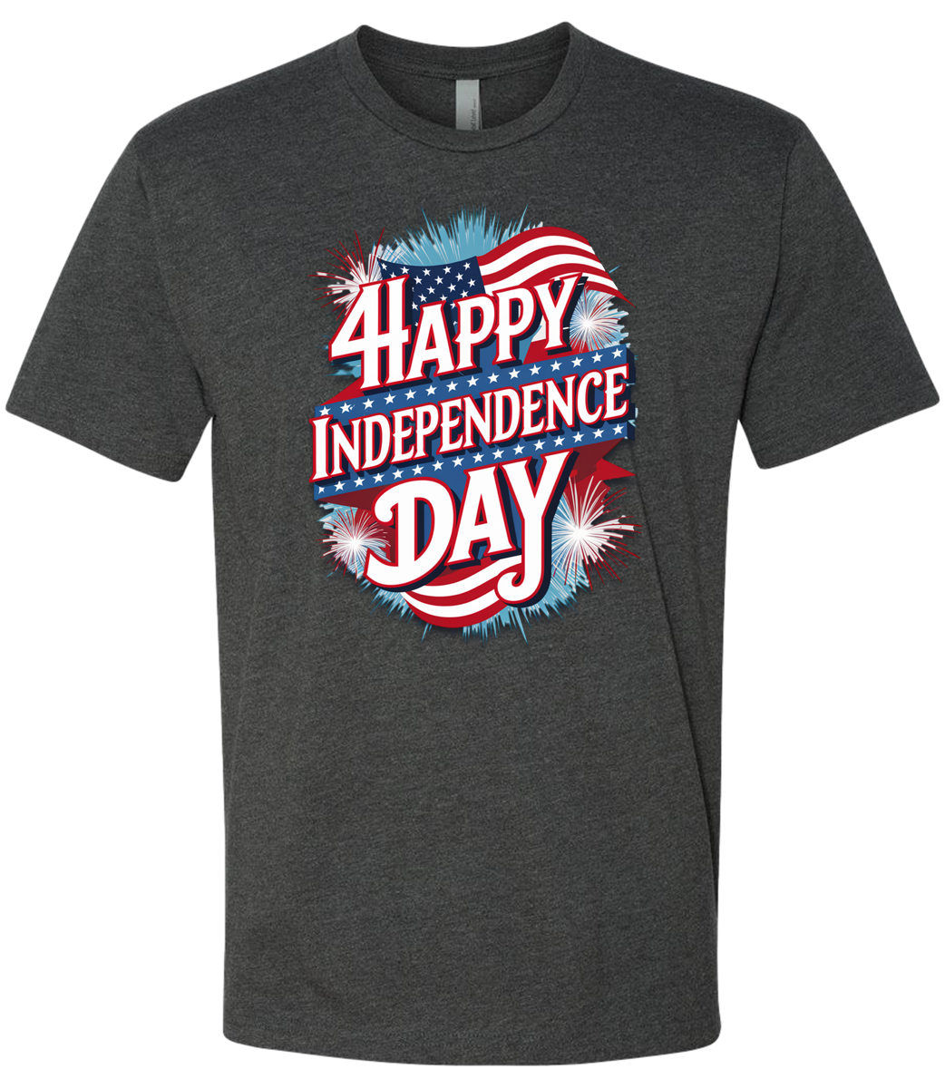 A charcoal t-shirt with 'Happy Independence Day' text and a graphic of a American flag on the front.