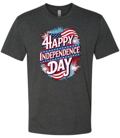 A charcoal t-shirt with 'Happy Independence Day' text and a graphic of a American flag on the front.