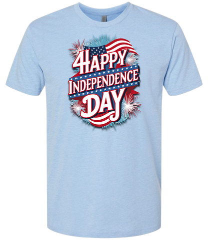A columbia blue t-shirt with 'Happy Independence Day' text and a graphic of a American flag on the front.