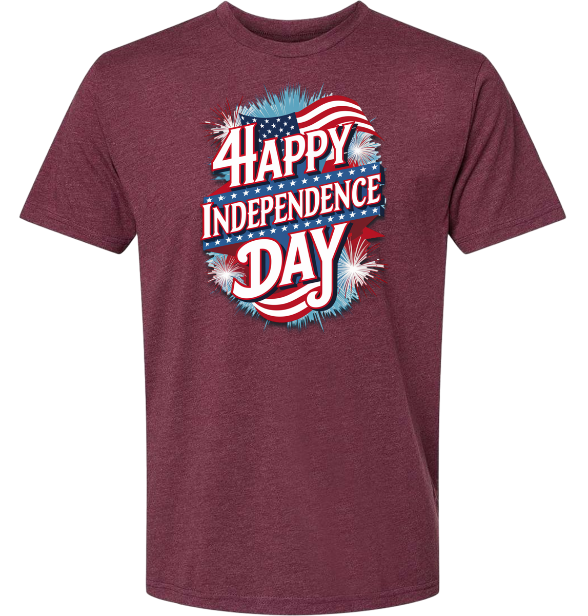 A red t-shirt with 'Happy Independence Day' text and a graphic of a American flag on the front.