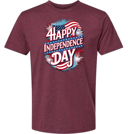 A red t-shirt with 'Happy Independence Day' text and a graphic of a American flag on the front.
