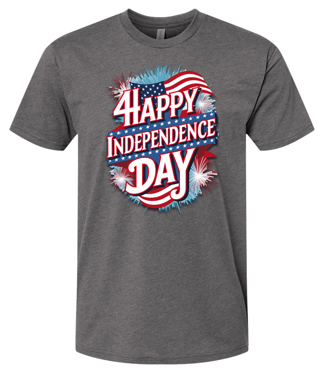 A heavy metal t-shirt with 'Happy Independence Day' text and a graphic of a American flag on the front.