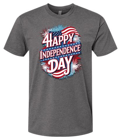 A heavy metal t-shirt with 'Happy Independence Day' text and a graphic of a American flag on the front.
