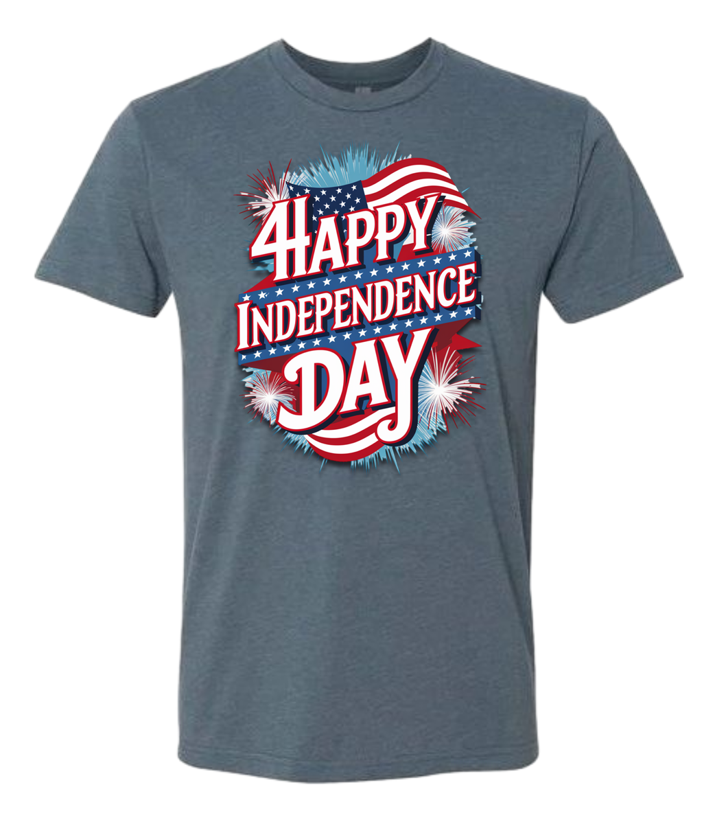 A indigo t-shirt with 'Happy Independence Day' text and a graphic of a American flag on the front.