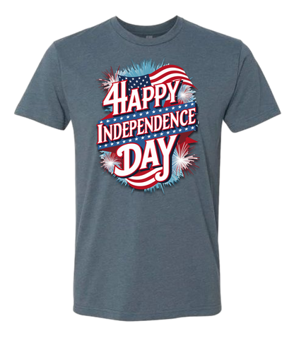 A indigo t-shirt with 'Happy Independence Day' text and a graphic of a American flag on the front.
