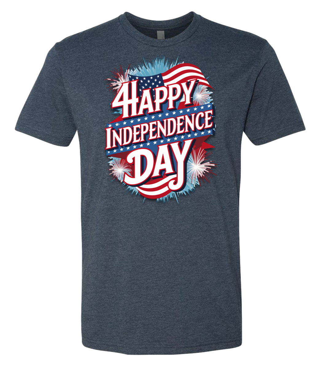 A midnight navy t-shirt with 'Happy Independence Day' text and a graphic of a American flag on the front.
