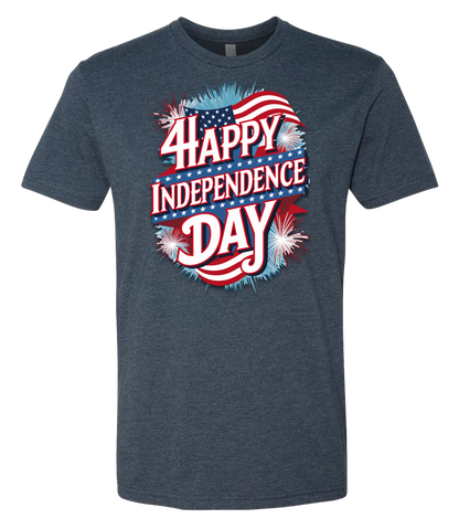 A midnight navy t-shirt with 'Happy Independence Day' text and a graphic of a American flag on the front.