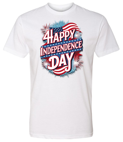 A white t-shirt with 'Happy Independence Day' text and a graphic of a American flag on the front.