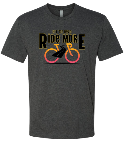 Hit The Road, Ride More letters front and center with a bright bicycle in front of the shirt