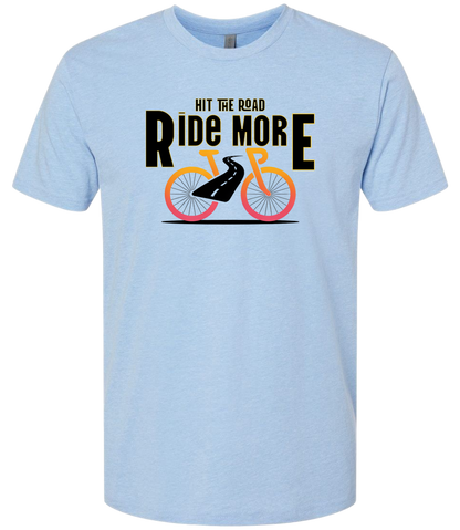 Hit The Road, Ride More letters front and center with a bright bicycle in front of the shirt