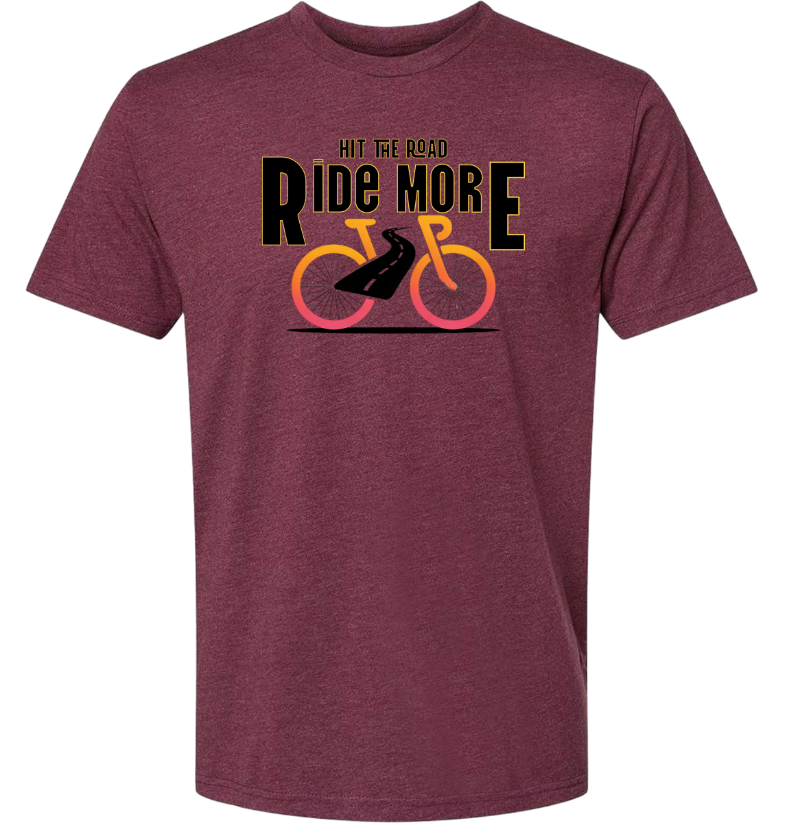Hit The Road, Ride More letters front and center with a bright bicycle in front of the shirt