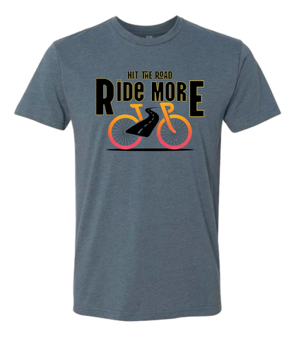 Hit The Road, Ride More letters front and center with a bright bicycle in front of the shirt