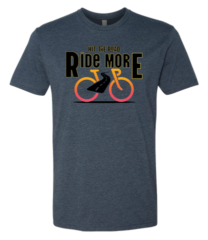 Hit The Road, Ride More letters front and center with a bright bicycle in front of the shirt