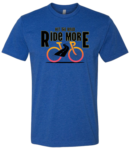 Hit The Road, Ride More letters front and center with a bright bicycle in front of the shirt